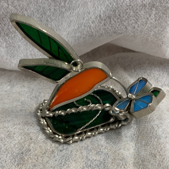 Vintage Stained Glass Hummingbird Figurine Suncatcher Metal With Orange/Green - Picture 6 of 12